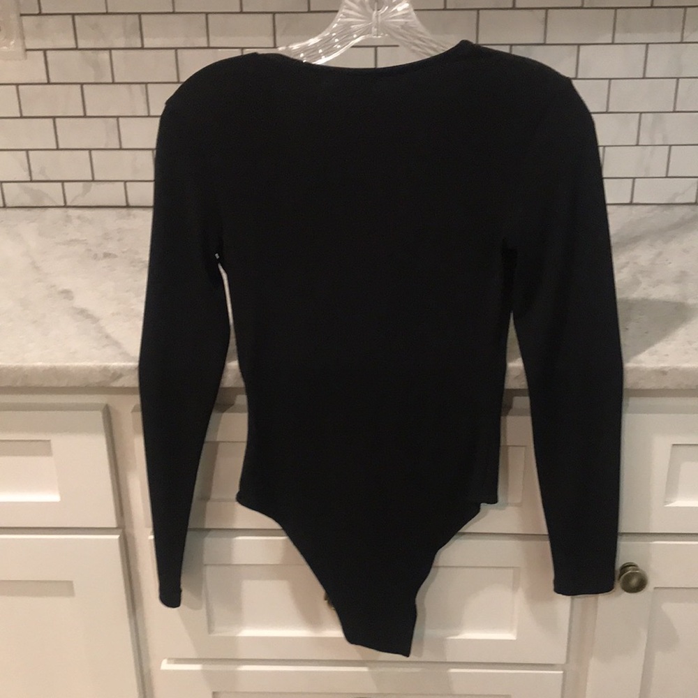 Leith Bodysuit Womens XS Black Bodycon Bohemian Deep V Long Sleeve - Picture 2 of 9